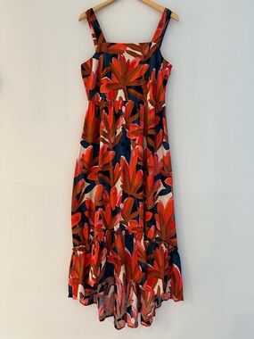 Who What Wear Navy High-Low Dress with Red, Brown & Cream Leaf Print